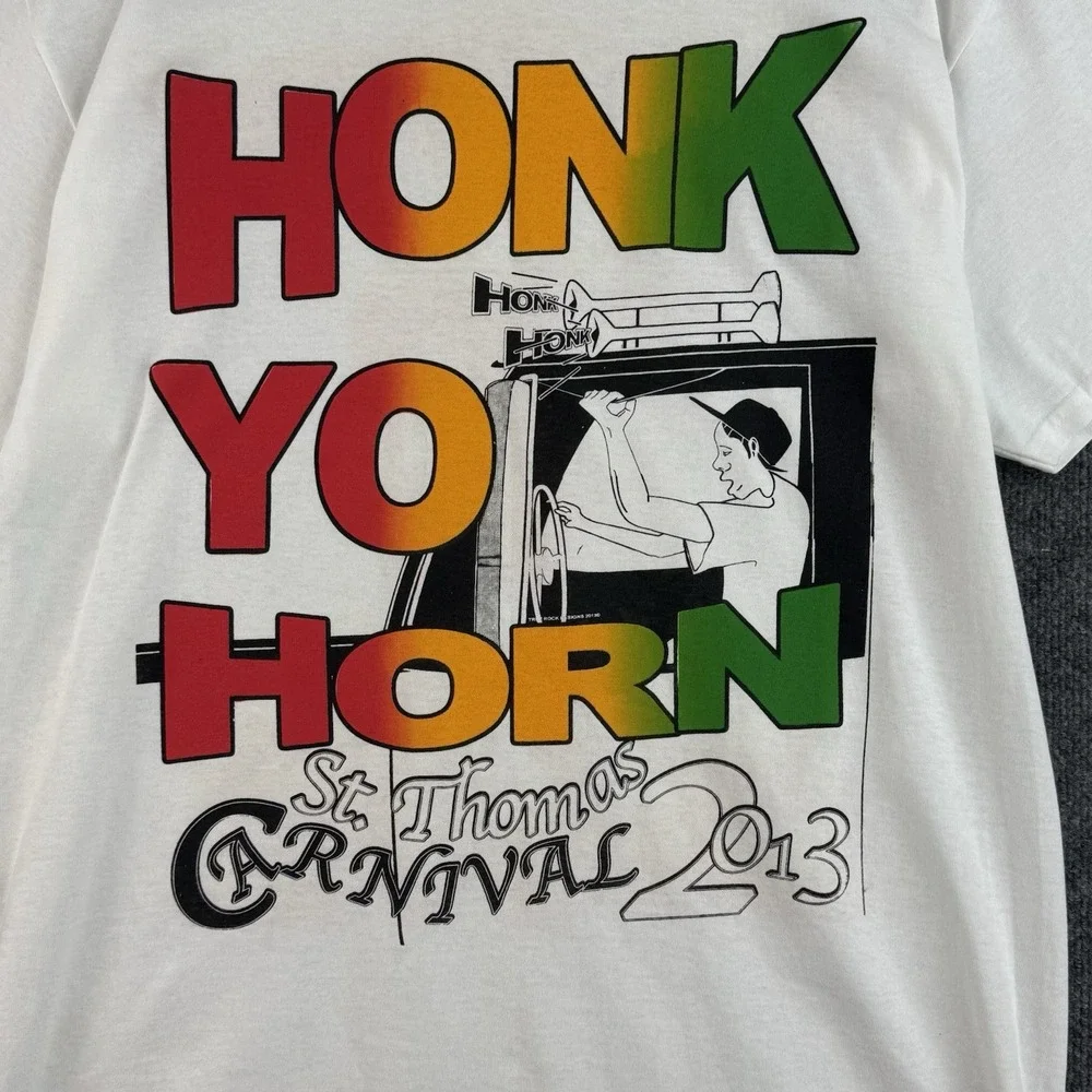 St Thomas Carnival 2013 Honk Yo Horn T Shirt Men's L White Graphic Double Sided